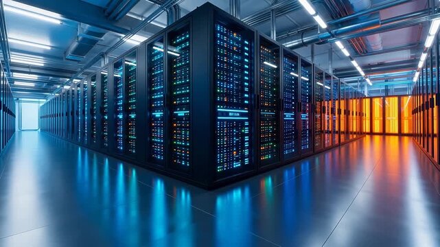 Rows of server racks in a data center