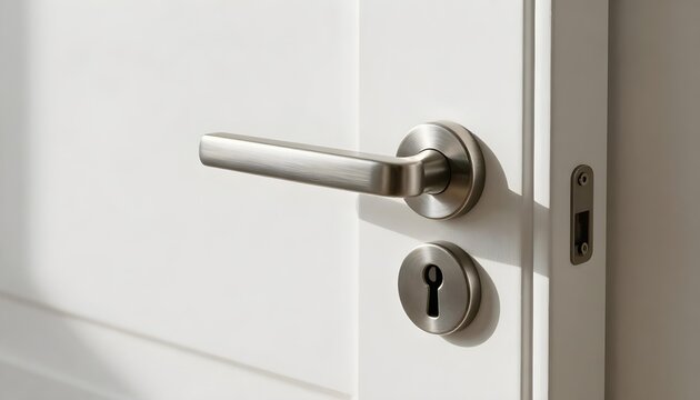 Modern brushed metal door handle and keyhole on a clean white door
