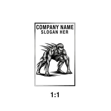 Mascot Design Muscular Man in Athletic Pose with Company Name and Slogan