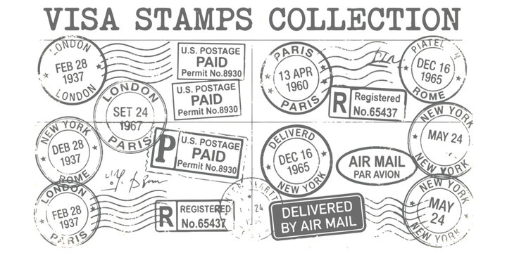 Collection of vintage travel visa stamps and postal ink markings from various international cities
