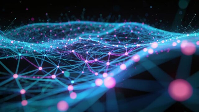 Waving pink-node blue-line mesh pulsing in dark void, crest moving to front, looping waves and dots