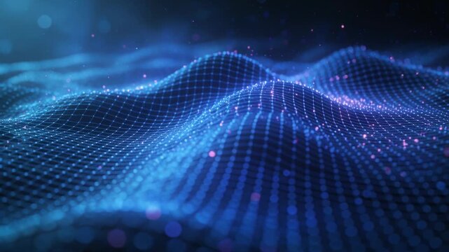 Undulating wireframe mesh wave in void as camera pushing forward revealing crest, pink blue nodes