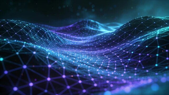 Undulating glowing mesh pulsing node lights from left across digital grid, showing data flow