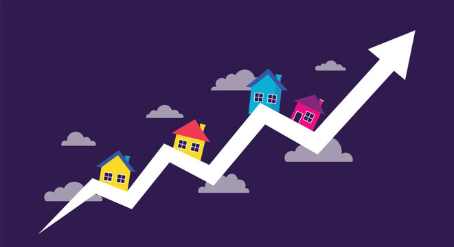 Real estate market growth concept showing several colorful houses positioned on a white arrow pointing upwards against a dark background.