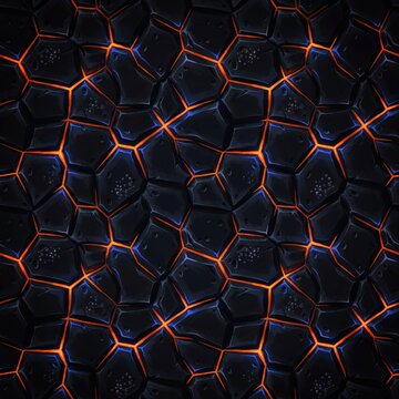 Seamless background, pattern featuring dark, charcoal stone fragments, separated by bright, orange and blue, glowing magma veins, molten lava texture