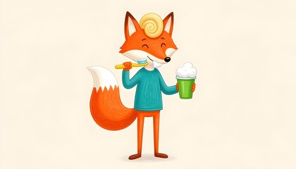 Fototapeta premium Whimsical cartoon fox brushing teeth with toothpaste and holding a foamy drink