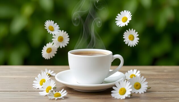 Aromatic hot coffee in a white cup with daisies and steam on a wooden table