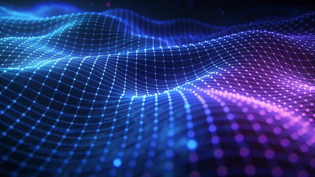 Showing luminous grid mesh rippling in dark void, frame start causing nodes pulsing for hue shift
