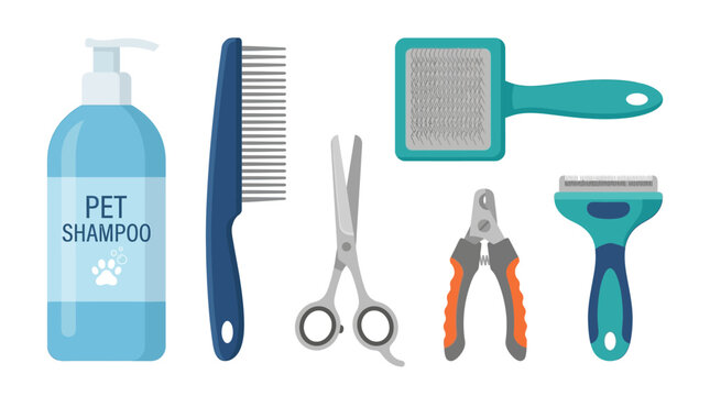 Pet grooming tools arranged on surface for dog care and hygiene