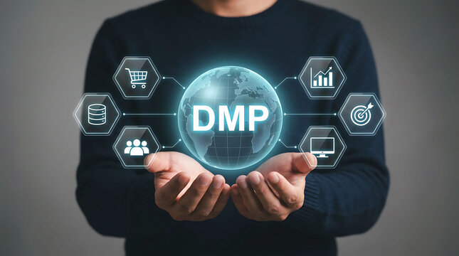 Businessman holding DMP data management platform globe network icons concept