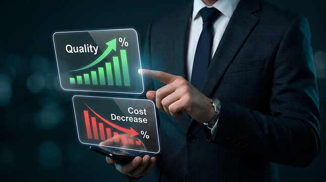 Businessman holding interface showcasing increasing quality and cost decrease