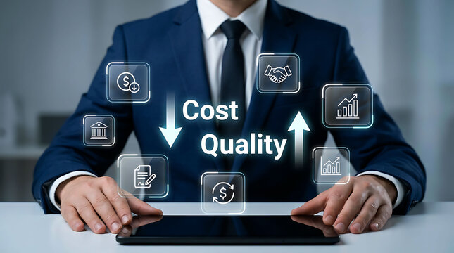 Businessman managing cost reduction and high quality growth on digital screen