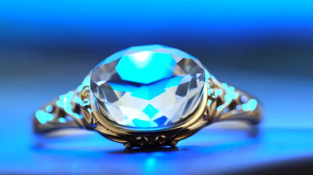 Panning camera, shifting lights, revealing gold ring with faceted gem on tabletop, showing facets