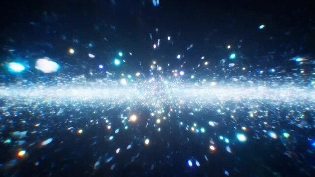 Moving camera showing horizontal glowing particle plane immersing in dark void, with colored points