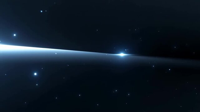 Appearing luminous point moving toward center above planetary limb in space, brightening into beam