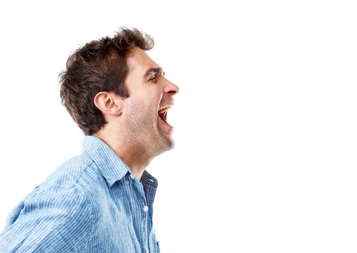 Profile, studio and happy man shouting with space for winning or announcement on a white background. Excited, male person or screaming with good news for achievement, success or bonus on mockup