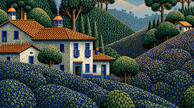 Illustration d'une ferme proven&ccedil;ale entour&eacute;e de champs de baies bleues