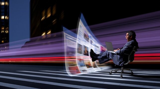 homme d'affaires travaillant sur ordinateur dans une rue anim&eacute;e la nuit
