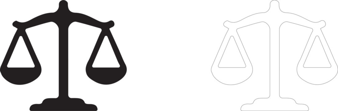 Scales of justice icon, legal equality symbol, imbalance measurement tool and court jurisprudence.