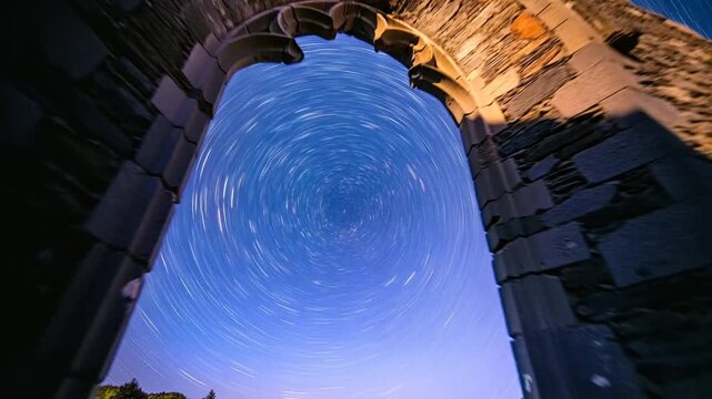 Starting timelapse, camera revealing pointed arch at night, capturing star trails and warm-lit wall