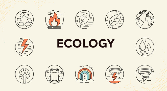 Comprehensive set of ecology and environment icons surrounding theme text promotes sustainability and conservation efforts for our planet.