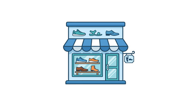 A colorful illustration of a shoe store on 2026-06-24 displays various shoes on the window and awning.