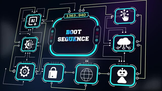 Boot sequence HUD interface for operating system diagnostics, hardware loading videos, computing optimization tutorials and digital tech presentations