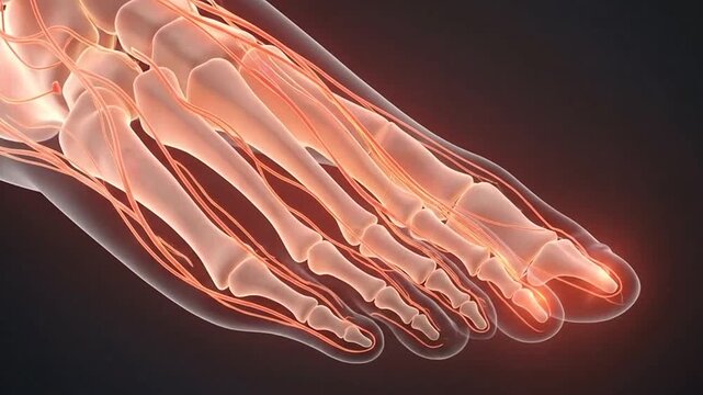 Human foot and ankle skeleton with muscle tissue anatomy.