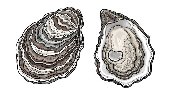 Detailed illustration of two fresh oyster shells one closed and one open revealing soft meat texture vintage style marine food isolated on white background.