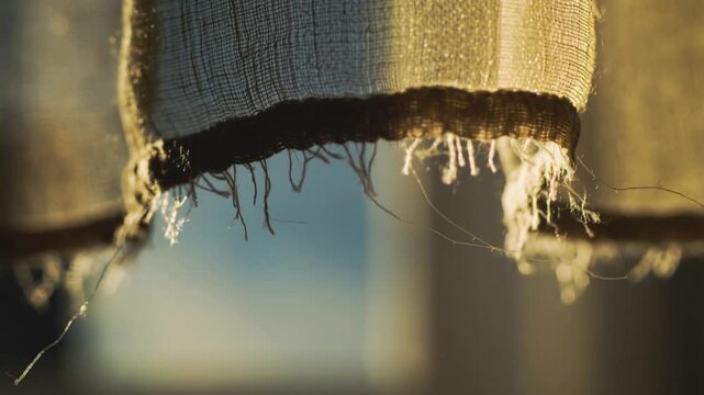 Swaying woven curtain hem with frayed threads at sunlit window, gentle breeze nudging droplets down