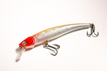 Fishing accessories bobbers, hooks, tackles, baits isolated on white background. Image for shop for fisherman. Close up © Krievietka