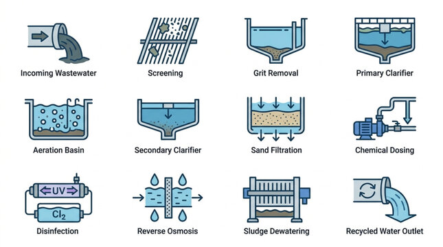 Water Treatment Process Icons Set.