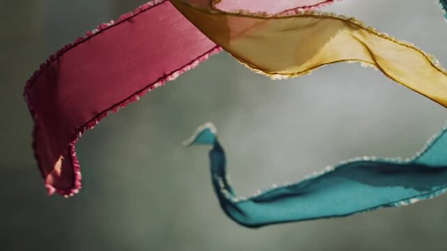 Drifting after release, sheer teal pink yellow ribbons twisting near neutral backdrop, frayed edges