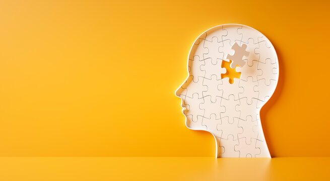 Conceptual artwork showing a 3D silhouette of a head surrounded by group of puzzle pieces, symbolizing mental input, activity, intelligence, or creativity - 3D illustration on yellow background
