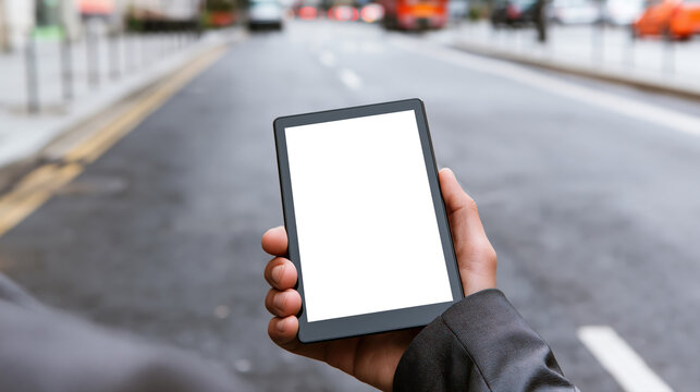 Une main tenant une tablette &agrave; &eacute;cran blanc dans une rue urbaine anim&eacute;e
