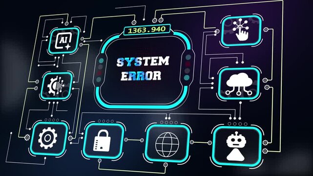 System error HUD interface for software bug tutorials, cybersecurity breach simulations, technical failure warnings and data server crash diagnostics