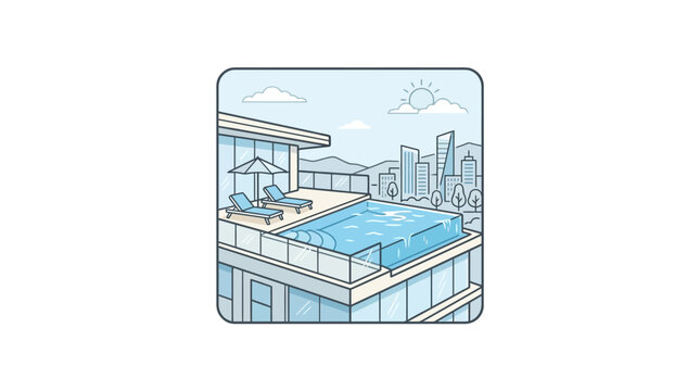 A serene rooftop pool scene on a sunny day in a modern cityscape with people relaxing