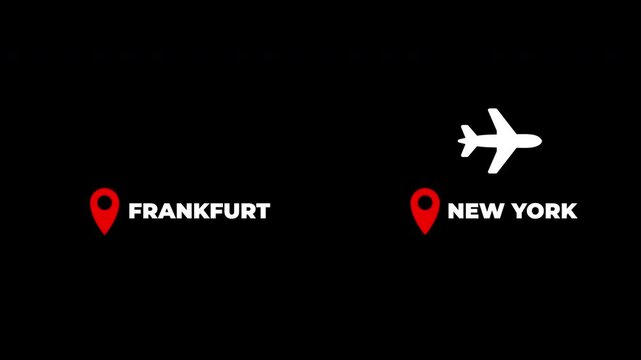 Frankfurt To New York Airplane Travel Flight Route Animation Transparent Background With Alpha Channel