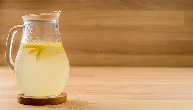 Lemonade Pitcher on Wooden Table with Copy Space