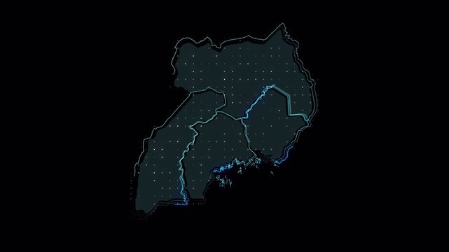 Digital glowing map of Uganda with administrative regional boundaries.