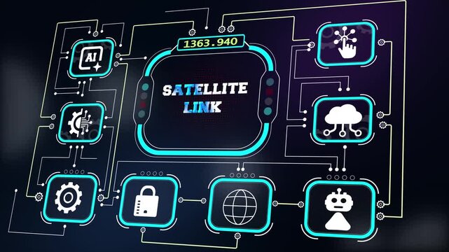 Glowing cyber ecosystem with text satellite link, premium background graphic loop for science documentaries and modern cyber infrastructure marketing
