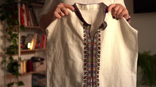Traditional Ukrainian Embroidery. Craftswoman Showing a Hand-Embroidered Ukrainian Men&rsquo;s Shirt