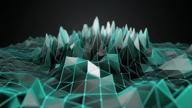 Image photo animation outlines wireframe landscape terrains. Polygonal image photo animation blocks teal gray peaks. Minimal image photo animation loops digital network maps.