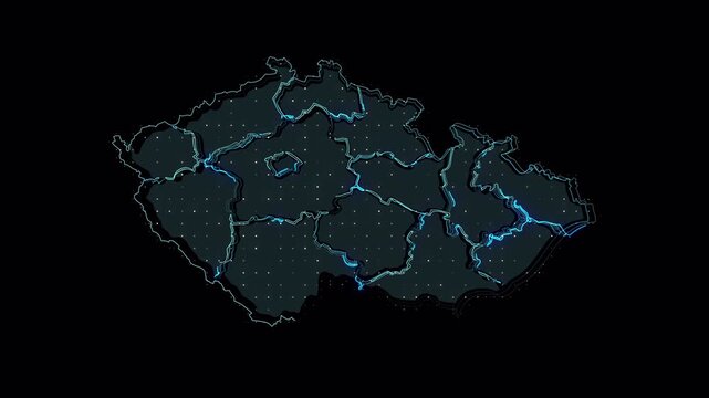 Digital glowing map of the Czech Republic showing regional borders.