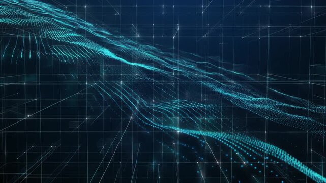 Technology data animation flows digital network grids. Fluid technology data animation waves blue particle paths. Cyber technology data animation loops server matrix arrays.