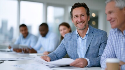 Fototapeta premium Cheerful businessman ready to lead a productive meeting with his team in a professional setting