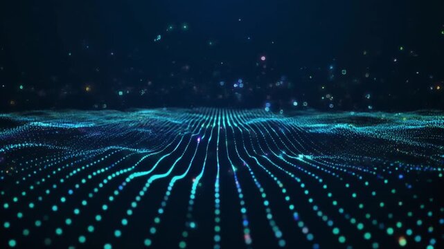 Abstract animation flows digital particle wave tracks. Blue abstract animation counts glowing space data points. Technical abstract animation loops electronic database curves.