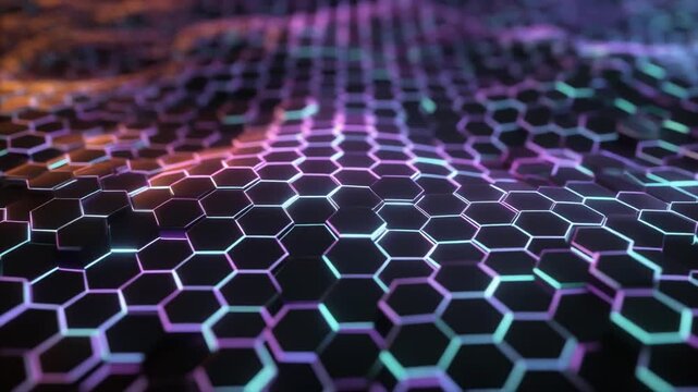 Abstract honeycomb animation ripples dark hexagonal planes. Neon abstract honeycomb animation lights pink cyan paths. Minimal abstract honeycomb animation loops matrix tiles.