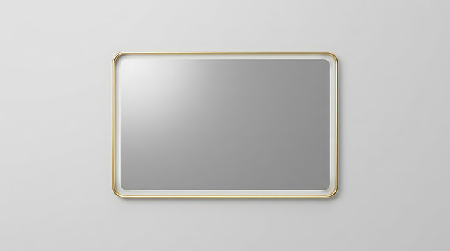 Empty rectangular mirror with a thin gold frame isolated on white background