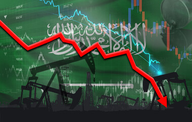 Obraz premium Crude crisis with Saudi Arabian flag on financial graph. Fall oil price with flag of Saudi Arabia on economic chart